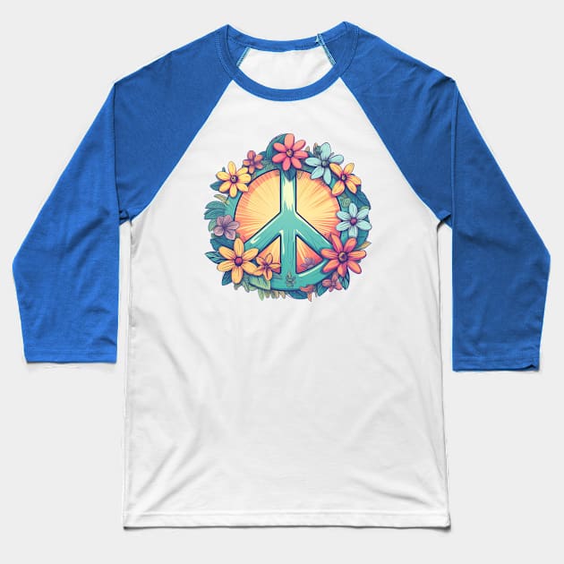 Groovy retro peace sign with pastel flowers Baseball T-Shirt by Unelmoija